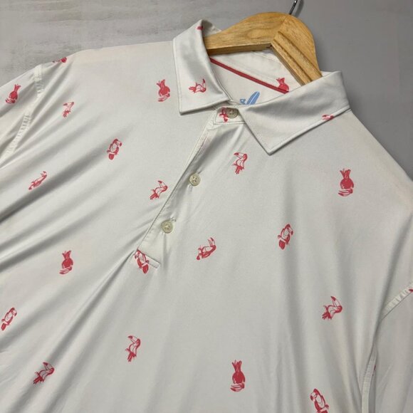 Johnnie O Featherweight Flamingo Patterned White Short Sleeve Golf Polo Shirt XL - Picture 1 of 6